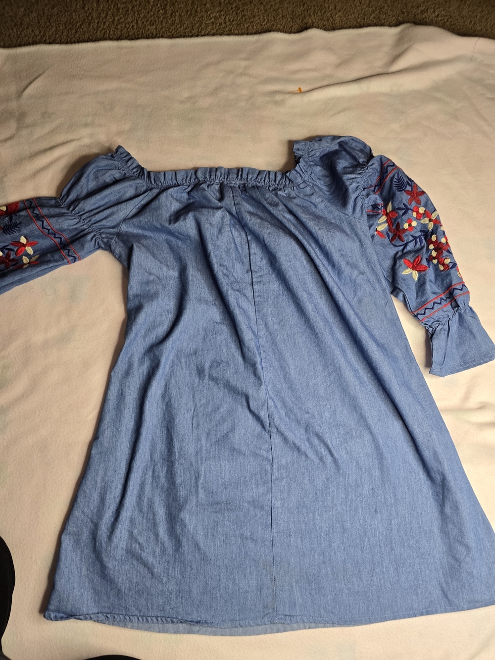 Embroidered Off-Shoulder Mini Dress in Denim Blue - Picture 8 of 8